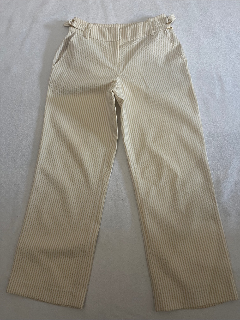 St John By Marie Gray Cream Seersucker Striped Wide-Leg Cropped Pants